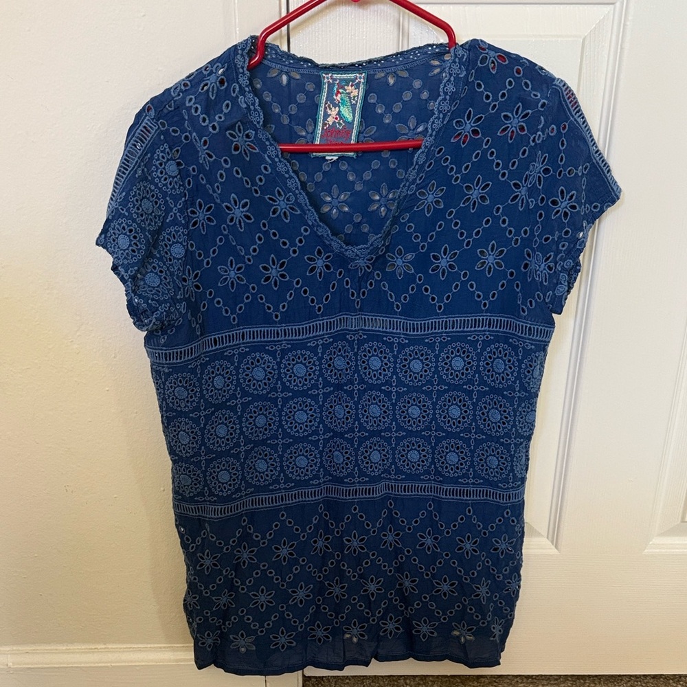 Johnny Was Navy Floral Short Sleeve Top